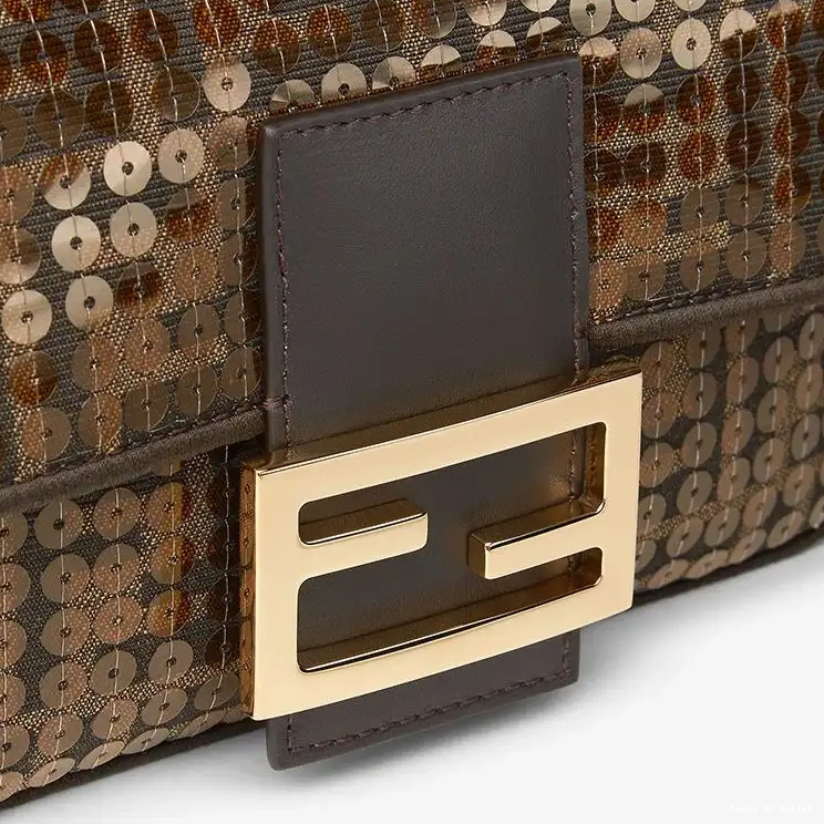 Vintage HOT FF In Brown Motif Sequins Mini Fendi Baguette Bag with Fabric 0325